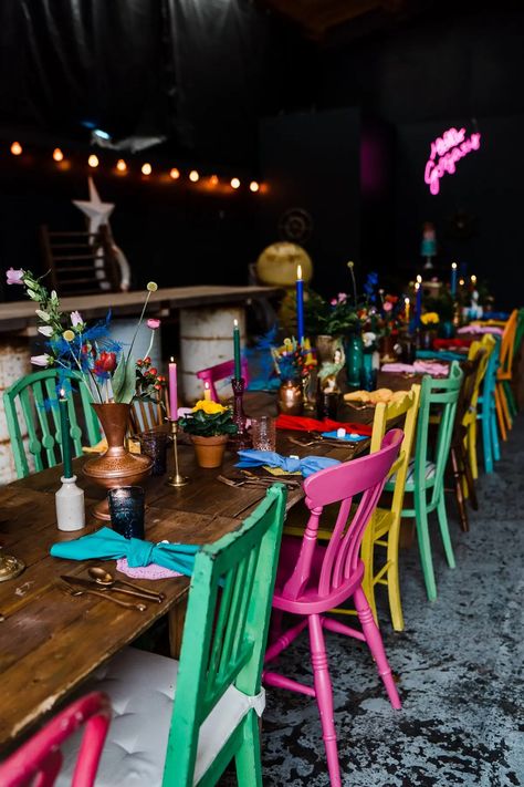 Mismatched Chairs, Boat Shed, Colourful Wedding, Prop Hire, Rainbow Wedding, The Lane, Neon Wedding, Colorful Chairs, Festoon Lighting