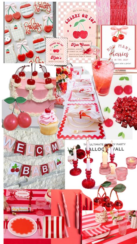 Red Theme Baby Shower Ideas, Cherry Gender Reveal, Our Little Cherry On Top Gender Reveal, Shes The Cherry On Top Baby Shower Theme, Baby Shower Cherry Theme, She’s The Cherry On Top Baby Shower Theme, She’s The Cherry On Top Party, Cherry On Top Theme, Cherry Theme Baby Shower Ideas