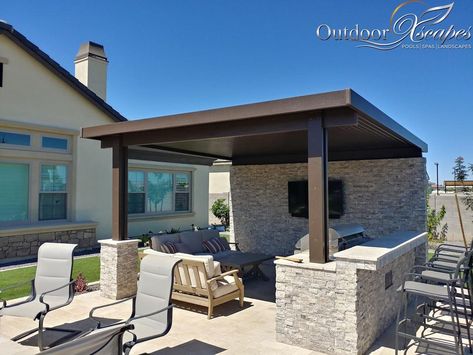 Backyard Pergola Freestanding, Backyard Ramada, Arizona Backyard Ideas, Porch Extension, Covered Outdoor Kitchens, Arizona Backyard, Landscape Curbing, Outdoor Renovation, Bar Exterior