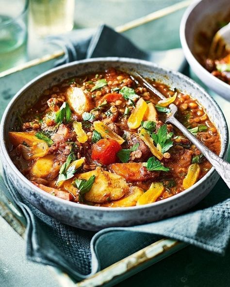 This vegan vegetable tagine is hearty - root vegetables gradually release their natural sweetness and become beautifully soft. Vegetarian Tagine, Vegetable Tagine, Butter Bean Soup, Vegetarian Main Course, Tagine Recipes, Delicious Magazine, Recipes Vegetarian, Veggie Dishes, Meat Free