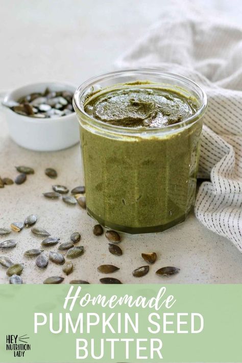 It's incredibly easy to make your own homemade Pumpkin Seed Butter! This healthy recipe contains only two ingredients: toasted pumpkin seeds and a bit of sea salt. It's a great nut-free spread for allergy sufferers, packed with nutrients, and is a beautiful vibrant green colour too. #pumpkinseedbutter #nutfree #spread #breakfast #heynutritionlady Pumpkin Seed Butter Recipes, Cinnamon Sugar Pumpkin Seeds, Maple Roasted Pumpkin Seeds, Savory Pumpkin Seeds, Pumpkin Seed Recipes Roasted, Spicy Roasted Pumpkin Seeds, Perfect Pumpkin Seeds, Homemade Pumpkin Seeds, Pumpkin Seeds Baked