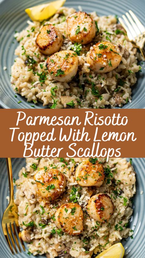 Parmesan Risotto Topped With Lemon Butter Scallops Recipe | Cheff Recipes Mediterranean Scallop Recipes, Scallops And Prawns Recipe, Shrimp And Scallop Risotto, Mediterranean Diet Scallops Recipe, Mediterranean Scallops Recipe, Scollops Recipes, Healthy Scallop Recipes, Scallop Risotto Recipes, Luxury Recipes