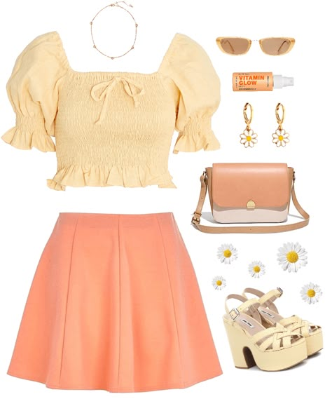 Pastel Outfit Summer, Cute Orange Outfits Aesthetic, Orange Outfits Ideas, Soft Orange Outfit, Orange Coquette Outfit, Cute Yellow Outfits Aesthetic, Peach Aesthetic Outfit, Cute Outfits Yellow, Pastel Orange Outfit