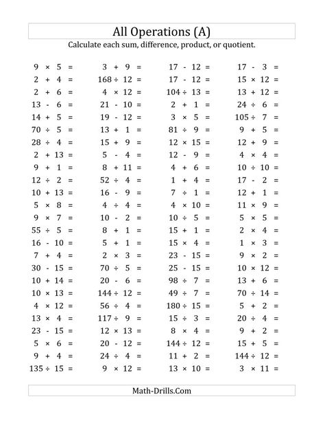 The 100 Horizontal Mixed Operations Questions (Facts 1 to 15) (A) Math Worksheet from the Mixed Operations Worksheets Page at Math-Drills.com. Phonics Blends Worksheets, Subtraction Facts Worksheet, Division Questions, Multiplication Questions, Math Fact Worksheets, Math Fact Practice, Phonics Blends, Blends Worksheets, Math Drills