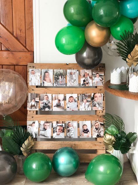 Safari Birthday Candy Table, Safari Themed One Year Old Party, 1st Bday Jungle Theme, Safari Birthday Party Theme, Green Colour Birthday Theme, Jungle First Birthday Party Decorations, Party Animal First Birthday Decorations, Wild One Birthday Center Piece, Wild One Table Decor