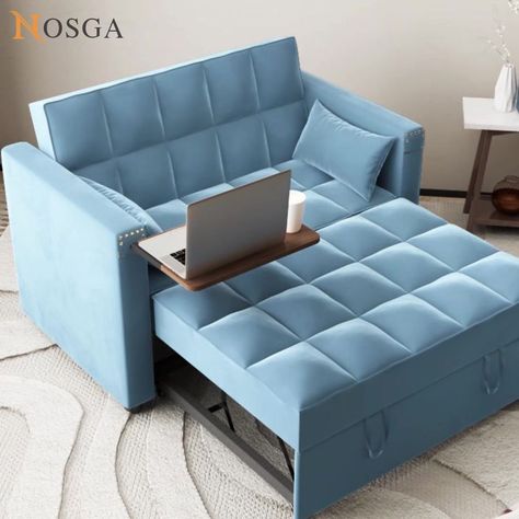 Experience a new lifestyle. | couch | Convertible 3-in-1 Multi-Functional Sofa Bed with Hidden Side Table. Material: Velvet Color: Grey | Pink | Blue | White Size: 28.75"D x 48"W x 31.5"H | By Nosga Blue Sofa Bed, Light Blue Sofa, Sofa Bed Convertible, Lake Condo, Hall Tree Bench, Functional Sofa, Green Room Decor, Sleeper Chair Bed, Multi Functional Sofa