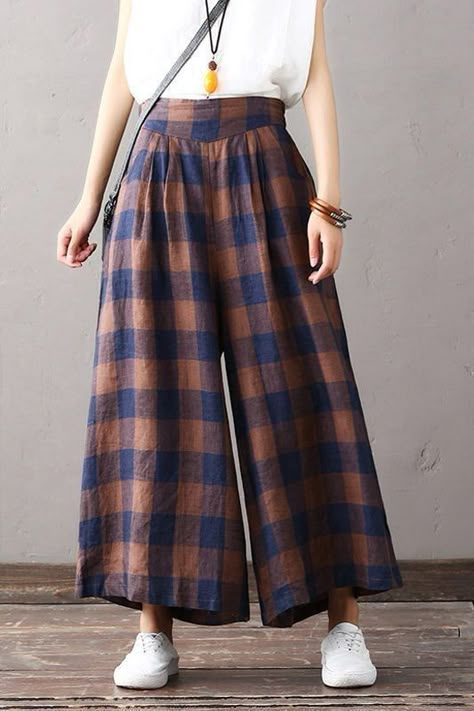 Linen Trousers Women, Cotton Linen Pants Women, Women Wide Leg Pants, Cotton Linen Trousers, Trousers Women Wide Leg, Plaid Trousers, Mode Abaya, Cotton Linen Pants, Wide Trousers