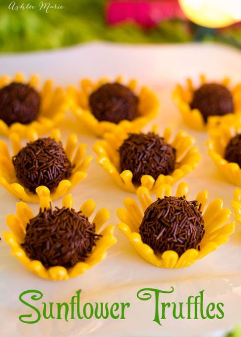 We'll take a whole bouquet of these to go, please. Get the recipe from Ashlee Marie » Sunflower Truffles, Chocolate Sunflower, Sunflower Cupcakes, Bridal Shower Desserts, Enjoy Your Meal, Shower Desserts, Chocolate Flowers, Shower Food, Candy Recipes