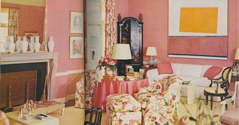 The photo above is one with which most of you are familiar. It shows the Dallas living room of the Harding Lawrences which was decorated... Billy B, Tudor Style Homes, Pink Living Room, Live Beautifully, Floral Print Fabric, Pink Interior, Vintage Interiors, Pretty Room, Pink Room