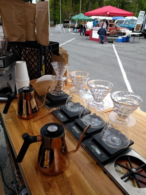 Barkeater Coffee Roasters pour over at the Farmers Market Coffee Farmers Market Display, Coffee Stall Ideas, Coffee Market Stall, Farmers Market Coffee Booth, Coffee Stand Ideas Drive Thru, Farmers Market Coffee Stand, Roadside Coffee Stand, Slow Bar Coffee, Selling Coffee At A Farmers Market