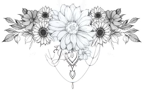 Sunflower Tattoo Sternum, Daisy Aries Tattoo, Sunflower Chest Tattoo Female, Western Underboob Tattoo, Sunflower Chest Tattoo, Sunflower Sternum Tattoo, Lower Back Flower Tattoo, Western Sternum Tattoo, Flower Underboob Tattoo