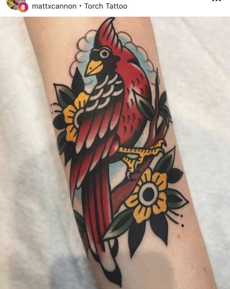 Half Sleeve Ideas, A Rose Tattoo, Cardinal Tattoo, Cardinal Tattoos, Traditional Tattoo Flowers, Traditional Style Tattoo, Tattoo Bird, American Traditional Tattoos, Flash Ideas