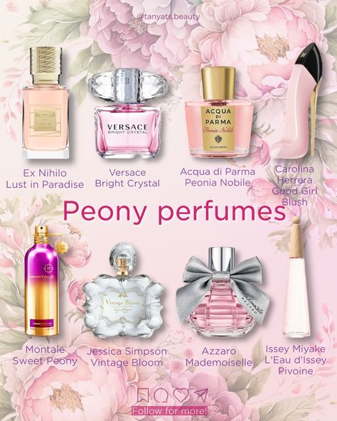 Peony perfumes 💕👇🏻 The scents with a prominent peony note have been the most requested on my page. I realized that almost all the peony perfumes are incredibly pleasing to me. Here are 8 different options, connected by one note: ▫️ Ex Nihilo Lust in Paradise — a gorgeous niche scent with a prominent peony note and litchi. ▫️ Versace Bright Crystal — the most popular peony scent, with lotus freshness and some pomegranate tartness. ▫️ Acqua di Parma Peonia Nobile — this perfume smells li... Niche Perfume Collection, Good Girl Blush, Perfume Smells, Peony Petals, Seductive Perfume, Carolina Herrera Good Girl, The Good Girl, Fresh Perfume, Floral Perfume