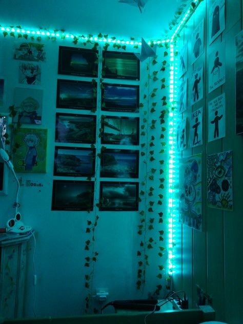 Cyan Room Decor, Cyan Room, Led Aesthetic Room, Led Aesthetic, Bedroom Teal, Bed Makeover, Neon Lights Bedroom, Neon Words, Light Quotes