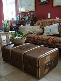 Vintage Chest as Coffee Table Chest As Coffee Table, Travel Trunk Coffee Table, Chest Decor, Trunk Coffee Table, Trunk Chest, Vintage Trunk, Trunk Luggage, Living Room Decorating Ideas, Travel Trunk