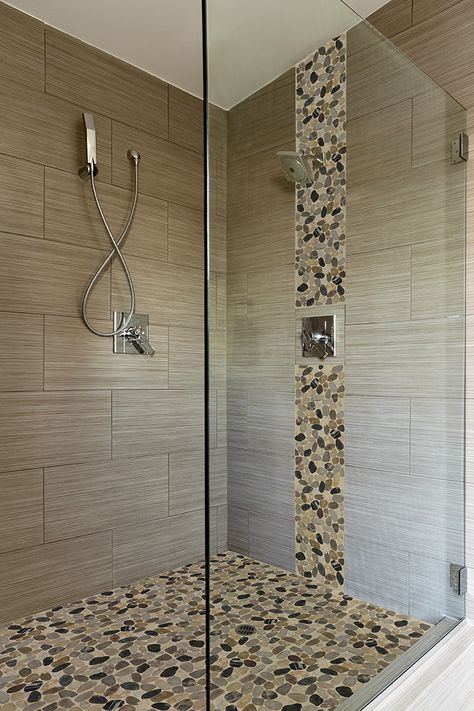 Nice use of pebble tiles on the floor and running up the shower head wall! Floor Designs, Mosaic Floor, Diy Bathroom Remodel, Bathroom Shower Tile, Bathroom Remodel Shower, Bath Room, Shower Remodel, Shower Stall, Bathroom Remodel Master