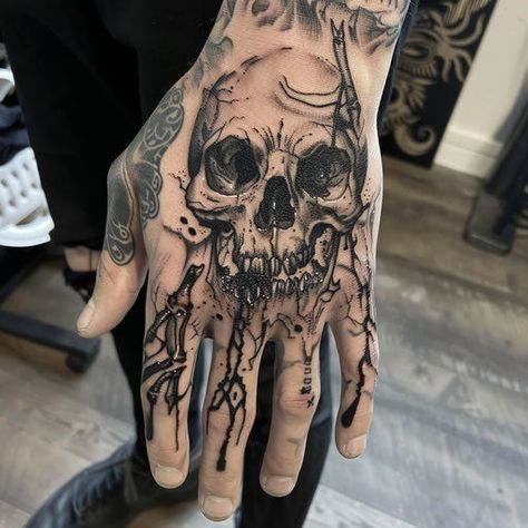 Skull Hand Tattoo Tattoo Art Kit Black Hand Tattoos Men, Dark Souls Tattoos, Dark Horror Tattoo Designs, Edgy Tattoos For Men, Skull Hand Tattoo Design, Hand Tats Men, Skull Tattoo Hand, Moth Hand Tattoo, Hand Tattoo Men