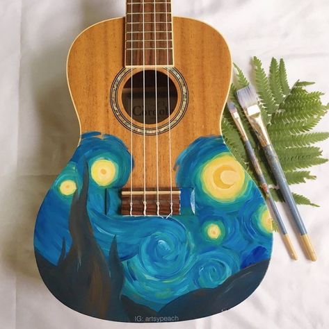 Guitar Art Diy, Painted Ukulele, Guitar Artwork, Guitar Painting, Van Gogh Paintings, Guitar Art, Ukelele, Cool Guitar, Xmas Gifts