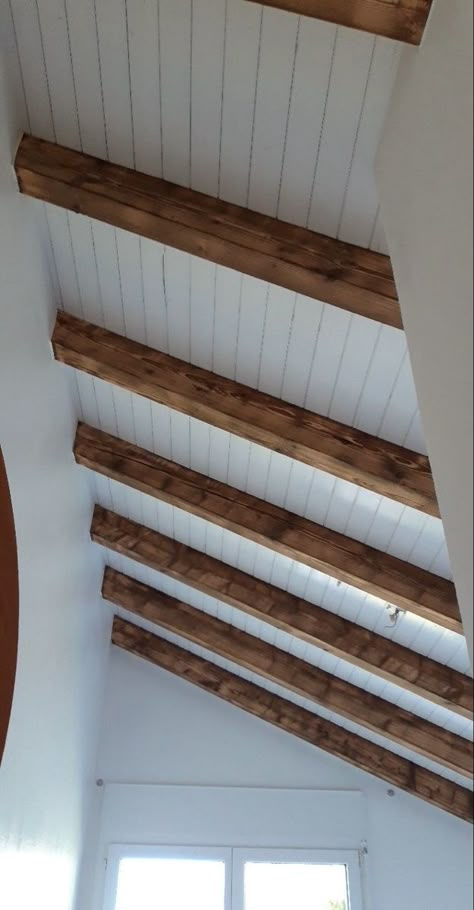 Wood Slat Ceiling, Reclaimed Wood Ceiling, Basement Ideas Finished, Wooden Ceiling Design, Wooden Beams Ceiling, Shiplap Ceiling, Exposed Rafters, Timber Ceiling, Wooden Ceiling