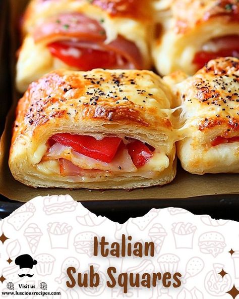 Yummy Food | Italian Sub Squares | Facebook Italian Sub Squares The Country Cook, Italian Sub Squares With Crescent Rolls, Italian Sub Bites, Italian Sub Squares, Pimento Cheese Spread, Italian Sub, Food Italian, Family Dishes, Meat Pies