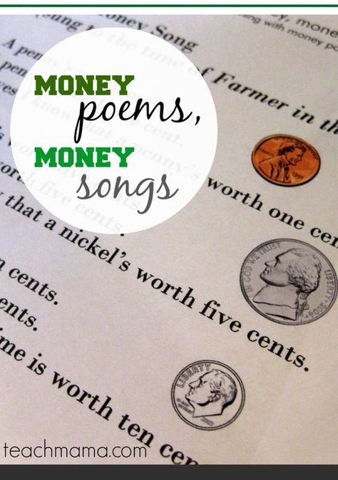 get your poem on with a few money poems and money songs! Money Song, Money Poem, Math Money, Money Songs, Teaching Mama, Teaching Money, Creative Math, Money Math, Math Activities For Kids