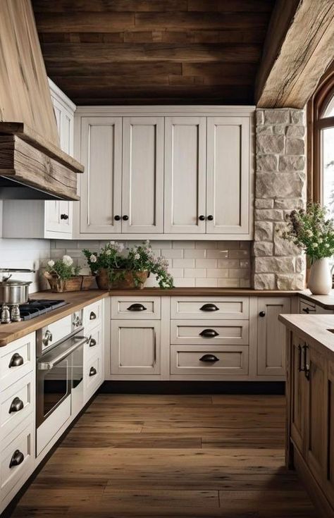 Kitchen Color Ideas, Lakehouse Kitchen, Cottage House Interior, Kitchen Hood Design, Farmhouse Kitchen Inspiration, Farmhouse Kitchen Lighting, Kitchen Improvements, Barn Style House Plans, Bathroom Farmhouse Style