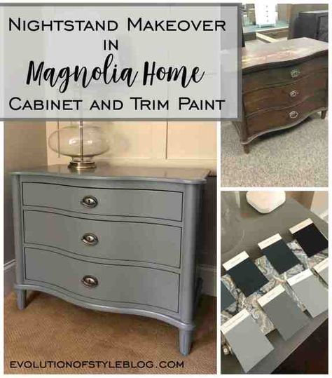 Nightstand Makeover in Magnolia Home Cabinet and Trim Paint Magnolia Home Paint, Magnolia Paint Colors, Magnolia Home Furniture, Paint Tricks, Magnolia Furniture, Chalk Paint Cabinets, Chalk Paint Kitchen Cabinets, Magnolia Homes Paint, Kitchen Cabinet Interior