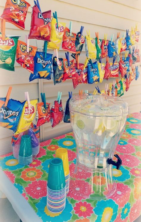 Take A Dip Pool Party, Girls Summer Party Ideas, Water Station Ideas Party, Chip Party Display, Serving Water At Party, Summer Candy Table Ideas, Summer Party Outside, Pool Party Candy Table, Summer Pool Baby Shower Ideas