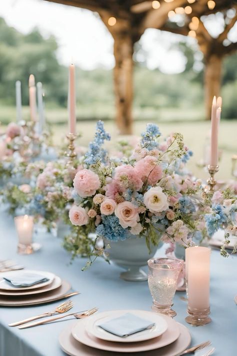 Blush pink and baby blue wedding table centre piece Wedding table decor | wedding table centre piece | blush pink and baby blue wedding | blush pink and baby blue wedding ideas | floral wedding | pastel wedding | pastel wedding ideas | pastel wedding flowers | pastel wedding table centre piece | blush pink and baby blue wedding inspiration | blue and pink wedding color scheme | floral wedding table centre piece Light Blue And Pink Wedding Centerpieces, Sage Pink And Blue Wedding, Pastel Table Decor Wedding, Light Blue Pink Wedding, Blue And Pink Table Setting, Pink And Blue Centerpieces, Blush Pink And Navy Blue Wedding, Blue Pink Green Wedding, Dusty Blue And Pink Wedding Theme