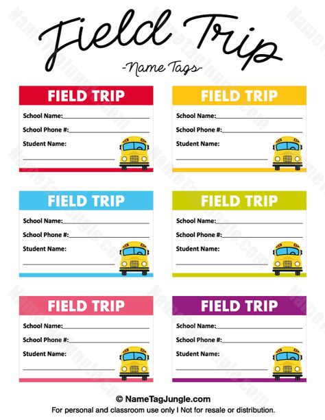 Free printable field trip name tags. The tags have fields for student name, school name and school phone number. Download the PDF at http://nametagjungle.com/name-tag/field-trip/ Field Trip Name Tags, Fieldtrip School, Labels Storage, Tag Template Free, Student Name Tags, Name Tag For School, Name Tag Templates, Tag Templates, School Field Trip