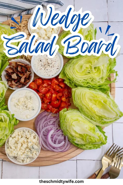 Dive into our vibrant, fresh, and easy-to-prepare Wedge Salad Board recipe! Featuring crisp iceberg lettuce, creamy blue cheese or ranch dressings, and a myriad of topping options such as cherry tomatoes, thinly sliced red onions, crispy bacon, and more. This versatile dish allows for endless customization to cater to every guest's palate and dietary needs. Plus, it's a feast for the eyes, perfect for summer parties! Lettuce Wedge Party Board, Wedge Salad Bar Ideas, Wedge Salads For A Crowd, Thanksgiving Wedge Salad, Small Wedge Salad, Wedge Salad Appetizer Party Appetizers, Wedge Salad Bar, Loaded Wedge Salad, Blt Wedge Salad