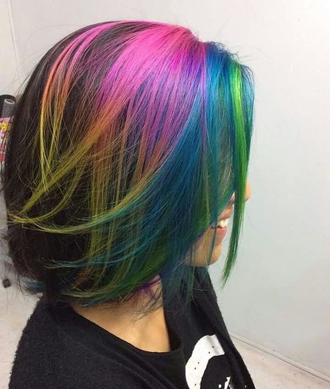 Funky Hairstyles For Straight Hair, Short Hair Rainbow Color, Crazy Color Hair Ideas Short, Rainbow Hair Color Ideas For Short Hair, Vivid Hair Color Ideas Short, Bright Color Highlights, Hair Color For Short Hair, Color For Short Hair, Short Rainbow Hair