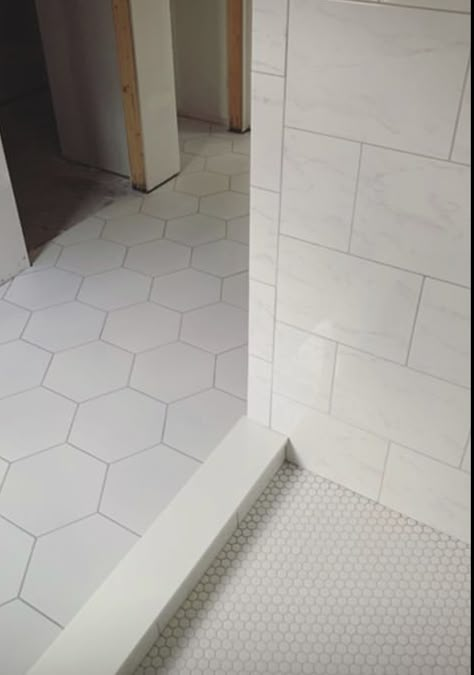 Floor tile and shower floor Large White Hexagon Tile Bathroom Floor, Large Hexagon Shower Tile, Large Hexagon Tile Floor Bathroom, Small Hexagon Tile Shower Floor, Bathrooms With Hexagon Tile Floor, Large Hexagon Bathroom Floor, Large White Hexagon Tile Bathroom, White Shower Floor Tile, Bathroom Floor And Shower Tile Matching