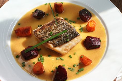 Seared Wild Striped Bass with Miso Butter Sauce -- Roasted Carrots and Beets Roasted Carrots And Beets, Striped Bass Recipe, Carrots And Beets, Carrots Beets, Roasted Beets And Carrots, Caramelized Carrots, Miso Butter, Easy Seafood Recipes, Striped Bass