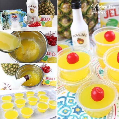 Malibu Jello Shots, Pina Colada Jello Shots, Margarita Jello, Colada Drinks, Halloween Jello Shots, Jello Pudding Shots, Pina Colada Drinks, Jelly Shots, Pina Colada Recipe