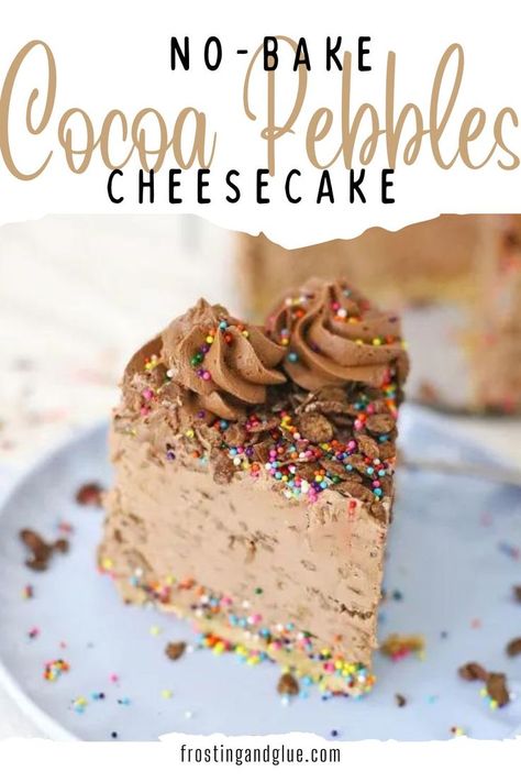 Cereal Cheesecake Recipes, Cocoa Pebbles Cake, Cocoa Pebbles Treats, Cocoa Pebbles Recipes, Cereal Cheesecake, Fruity Pebbles Cheesecake, Fruity Pebble Cheesecake, Cocoa Pebbles, Cottagecore Recipes