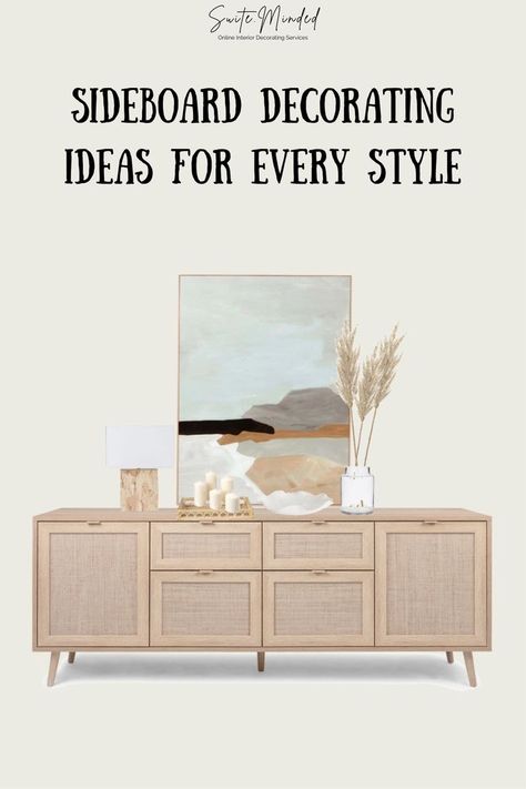 Sideboard decorating ideas for every style, including a selection of furniture and accessories. How To Style A Sideboard Modern, Credenza With Drawers, Coastal Buffet Styling, How To Style A Cabinet, Styling A Sideboard Living Rooms, Art Above Buffet, Style A Buffet Table, Living Room Buffet Decor, Dining Room Sideboard Styling