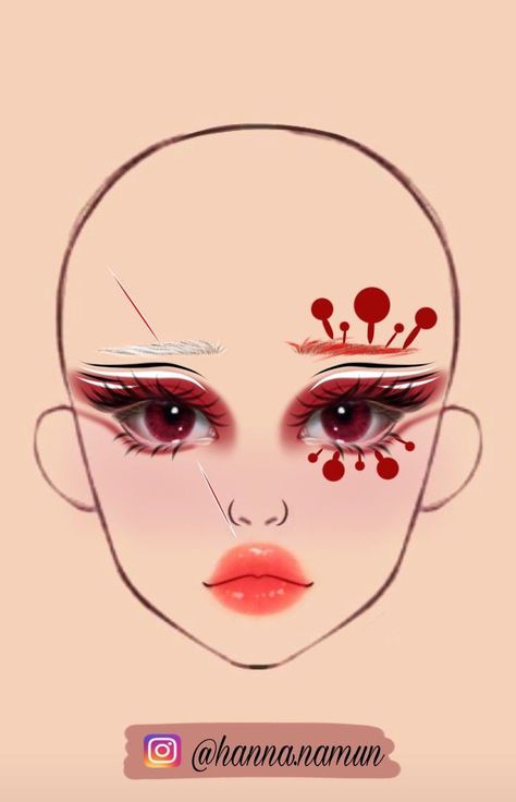 Anime Makeup Drawing, Makeup Ideas Drawing Halloween, Demon Slayer Makeup Inspired, Makeup Looks Anime, Anime Makeup Aesthetic, Leeeexz Makeup, Face Chart Makeup Ideas, Anime Eyes Makeup, Creative Face Makeup