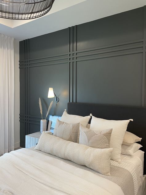 Paneling Behind Bed Bedroom Wall, Dark Wainscoting Ideas Master Bedrooms, Black Accent Wall And Ceiling, Master Bedrooms Decor Wainscot, Board And Batten Wall Headboard, Paneling Feature Wall Bedroom, Modern Wainscoting Bedroom, Bedroom With Drop Ceiling, Feature Wall With Crown Molding