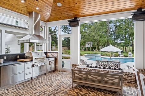 Old Oak Cay Enclosed Bbq Area Outdoor Living, Outdoor Kitchen Sunroom, Outdoor Enclosed Kitchen, Outdoor Kitchen Enclosed, Enclosed Outdoor Kitchen Ideas, Enclosed Outdoor Kitchen, Pergula Ideas, Pine Ceiling, Sunroom Remodel