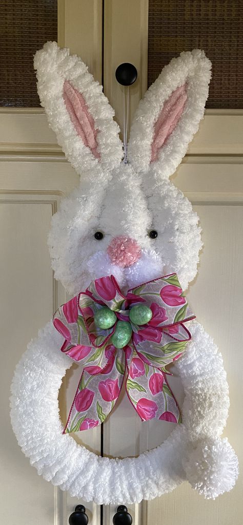 Easter Rabbits Diy Craft Ideas, Dollar Tree Bunny Wreath Form Ideas, Bunny Wreath Dollar Tree, Yarn Easter Basket, Wire Bunny Wreath Form Ideas, Dollar Tree Rabbit Wreath, Easter Bunny Wreath Diy, Easter Rabbit Crafts, Pom Pom Easter Bunny Wreath