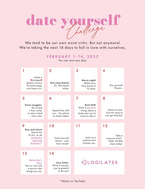 Date Yourself Challenge, Self Love Calendar, Self Dates Ideas, Date Yourself Quotes, Self Love Playlist, Date Yourself Ideas, Self Date Ideas, Self Dates, Dating Self