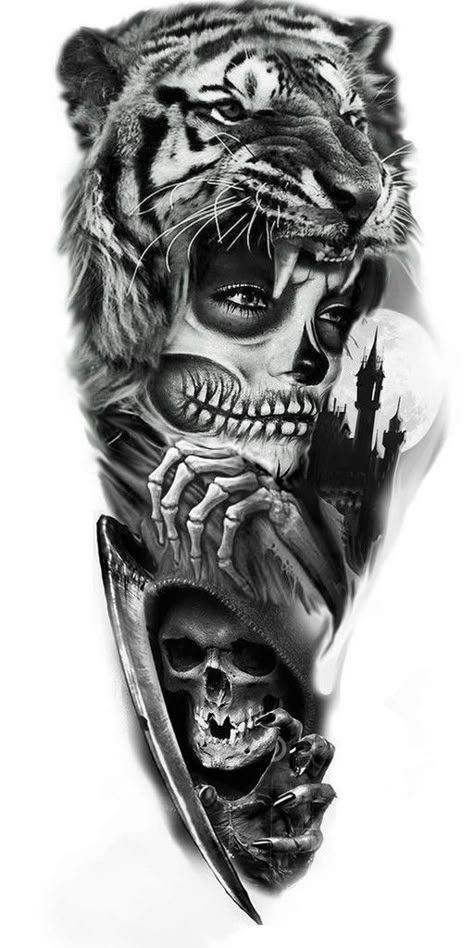 Half Sleeve Tattoos Sketches, Tiger Tattoo Sleeve, Poseidon Tattoo, Face Tattoos For Women, Catrina Tattoo, Skull Girl Tattoo, Skull Sleeve Tattoos, Girl Face Tattoo, Skull Sleeve