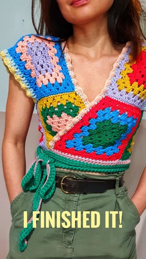 Granny Square Wrap Top Pattern, Granny Square Crochet Overalls, Crop Granny Square Cardigan, Crochet And Fabric Top, Neon Granny Square, Plus Size Granny Square Cardigan, Granny Square Overalls Pattern, Granny Square Outfit Ideas, Granny Square Wrap Top