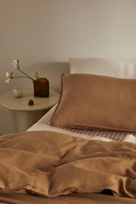 Warm Brown Bedroom, Brown Bedsheet, Mix And Match Bedding, Brown Edit, Striped Bedroom, Mocha Mousse, Natural Bedroom, Website Photos, Brown Bed