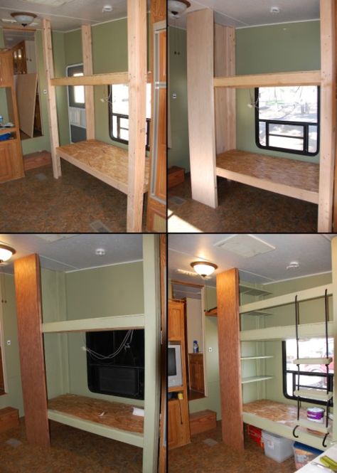 The Lundy 5: RV remodel, adding bunk beds to the glamper Bed Nooks, Camper Bunk Beds, Rv Bunk Beds, Decorating Your Rv, Diy Rv, Travel Trailer Remodel, Rv Renovations, Camper Makeover, Camper Living