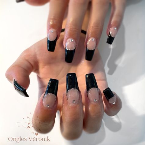 Black And Glitter French Tip Nails, Black Nails With Glitter French Tip, Black Sparkle French Tip Nails, Black French Tip Nails With Glitter, Black And Glitter Nails, Black Silver Nails, French Tips Nails, Ball Nails, Acrylic Nails Yellow