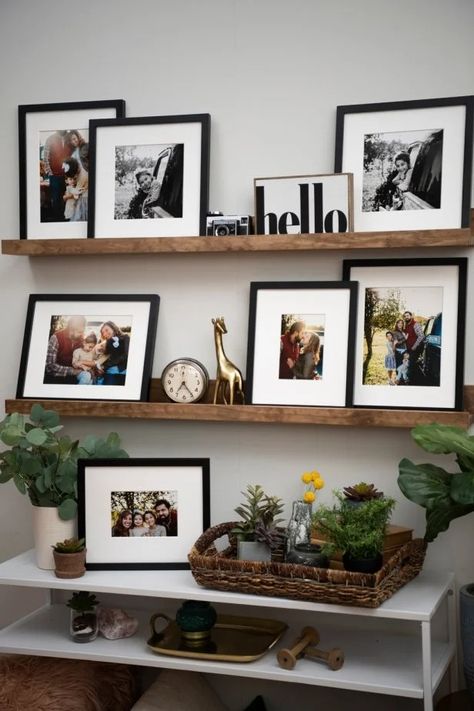 DIY Wooden Picture Ledge | HGTV Diy Picture Shelf, Shelf With Picture Frames, Photo Ledge Above Couch, Picture Ledge Layout, Picture Ledge Styling, Decorating A Shelf, Wooden Picture Ledge, Photo Ledge, Above Couch