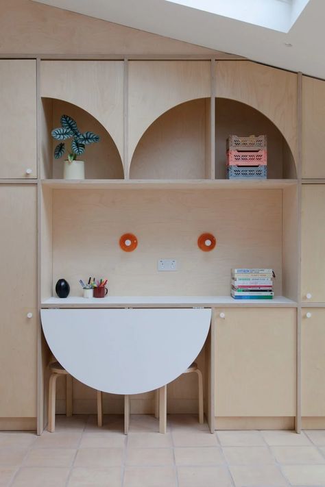 1920s London, Terracotta Floor Tiles, Red Brick Walls, Plywood Interior, 1920s House, Terracotta Floor, London Home, Circular Table, Timber Structure