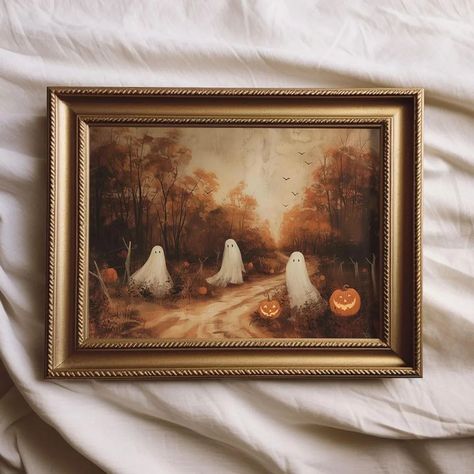 Moody Ghost Painting Autumn Landscape Vintage Style Wall Art Halloween Decor Spooky Fall Art Cott... | Etsy (US) Making Paintings Spooky, Painting On Painting, Ghost In Painting, Ghosts In Paintings, Vintage Ghost Painting Trend, Ghost Painting On Old Pictures, Vintage Fall Artwork, Ghosts On Thrifted Art, Goodwill Halloween Painting